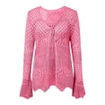 thumbnail image 6 of JIAYUE Women's Swimsuit Cover-Ups Solid Color Long Sleeve V Neck Lace Up Knit Scalloped Beach Hollow Cardigan Comfortable Swimwear Cover Up Top, 6 of 6