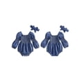 thumbnail image 2 of BemeyourBBs Newborn Baby Girl Denim Romper Outfits Jeans Smocked Bubble Romper Cute Girls Spring Summer Clothes Casual Long Sleeve Bodysuit Bow Headband 2 Pcs Set, 2 of 9