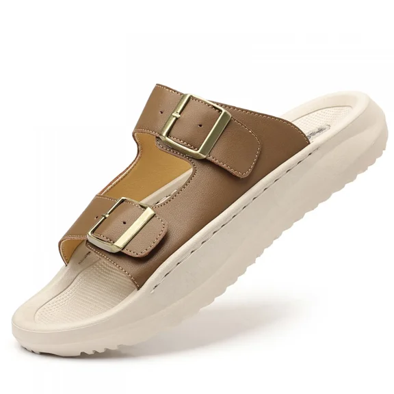 Men's Handmade PU Thick Sole Slides, Summer Casual Beach Sandals with Adjustable Straps