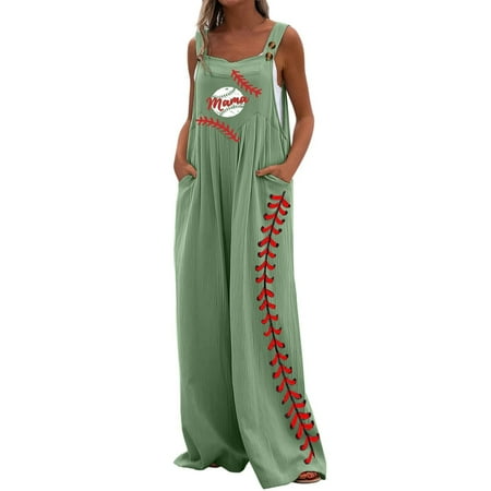 

Dyegold Jumpsuits for Women Casual Womens Jumpsuits Dressy Adjustable Spaghetti Straps Bib Baseball Print Long Square Neck Sleeveless Rompers Overalls