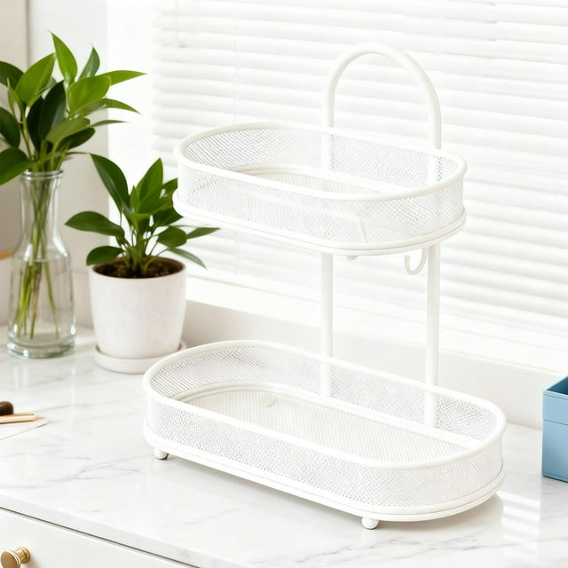 Organizador de encimera para baño, organizador de maquillaje, bandeja de baño de 2 niveles, de almacenamiento independiente, estante de metal para Blanco