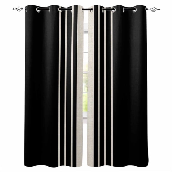 Blackout Curtains for Bedroom, Black Beige Striped Room Darkening Window Drapes for Living Room, Modern Farmhouse Retro Lines Thermal Insulated Grommet Curtains, 42x84 inch, 2 Panels