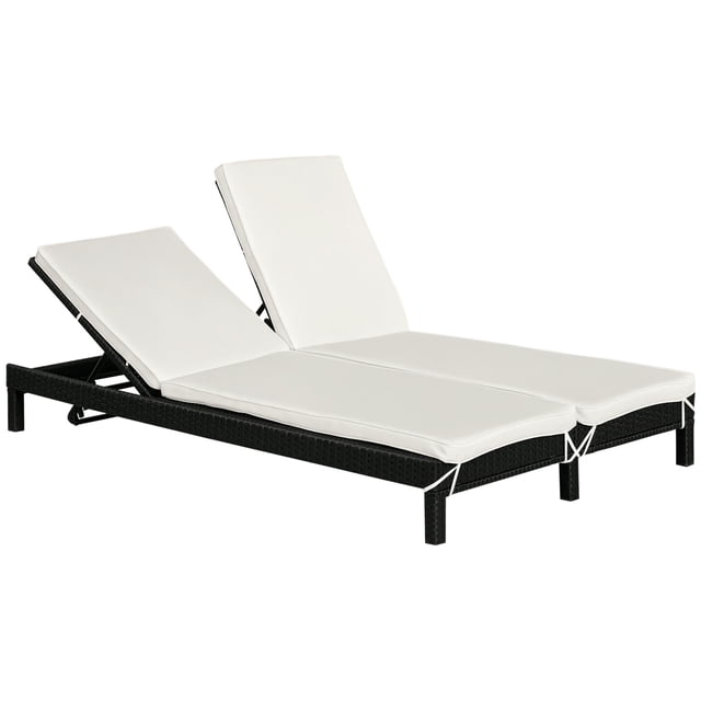 Outsunny Wicker Double Chaise Lounger Chair Outdoor Recliner 2 Person Rattan Patio Furniture - Set of 2, Cream White