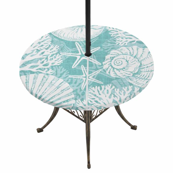 Outdoor Tablecloth with Umbrella Hole and Zipper Coastal Conch Round Fitted Table Cover with Elastic Waterproof Aqua Shell Coral Starfish Patio Tablecloths for Picnic BBQS Garden Party Fit 55"-60"