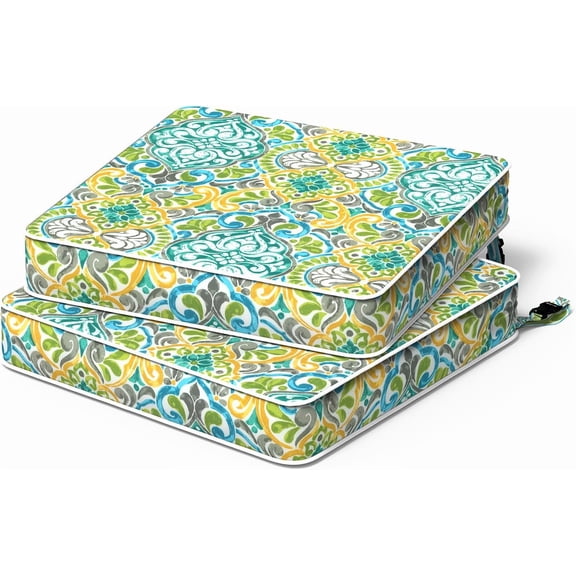 Patio Chair Cushions 19 x 19 x 3 Inch Water Repellent Outdoor Seat Cushions with Straps Set of 2 Damask Green
