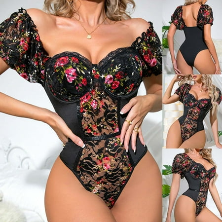 Abomasnow Lingerie for Women Sexy Tummy Control Snap Crotch Teddy Babydoll Bodysuit One Piece Short Sleeve Wireless Flower Print Nightwear on Clearance