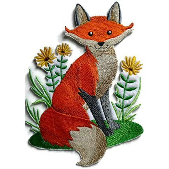 Fox With Flowers Embroidered Iron on/Sew patch [7.7" X 6"]
