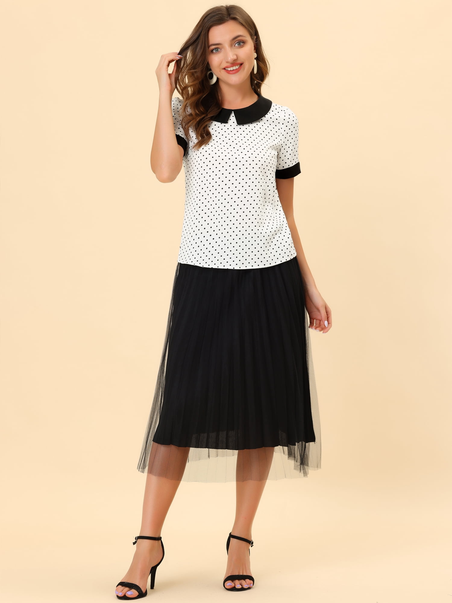 DARING DIVA Women's Peter Pan Collar Polka Dots Short Sleeve Tops S White