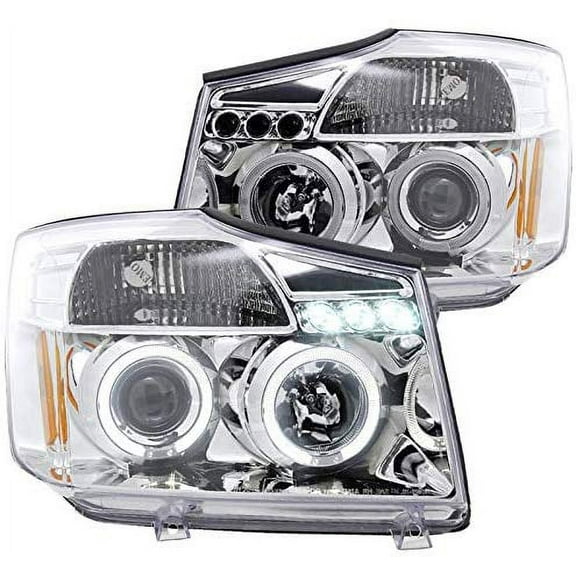 SMD LED Halo Projector Headlight In Chrome Housing Clear Lens Made For And Compatible With 2004 - 2015 Nissan Titan 2004 - 2007 Armada 04 05 06 07 08 09 10 11 12 13 14 15