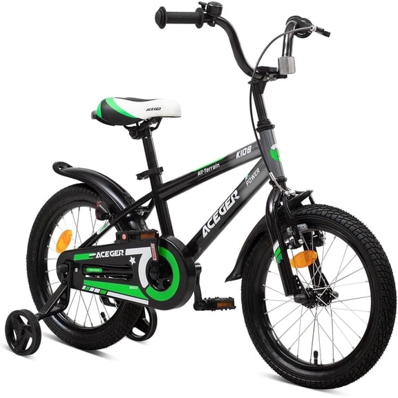 ACEGER Simon 16 Inch Boys Bike with Training Wheels for Ages 5-8, Green