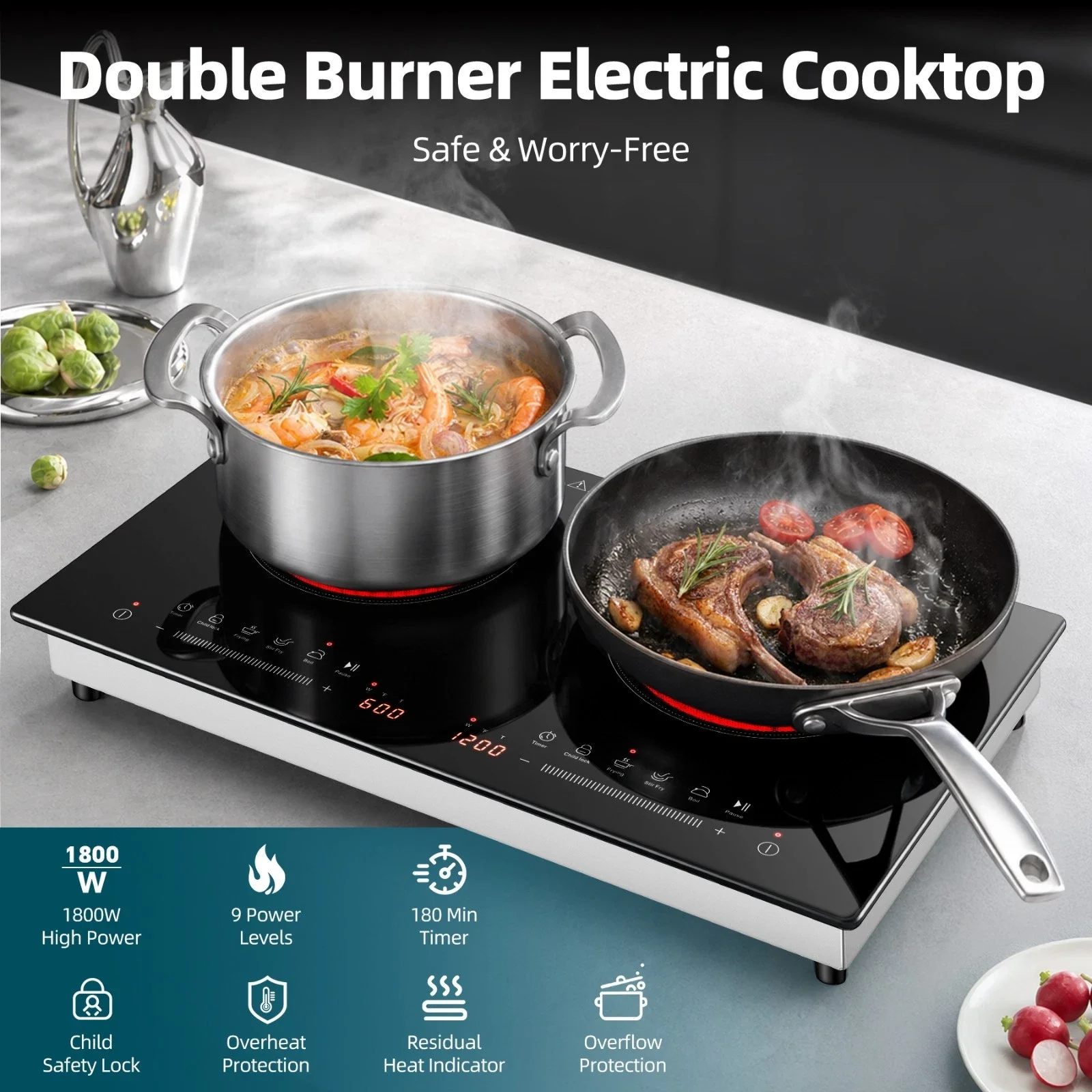 24 inch Portable Electric Ceramic Cooktop 2 Burner 1800W Sensor Touch Control Countertop Built-in Electric Stove Top w/ Dual-Ring Design 9-Level Adjustment Child Safety Lock Timer Overheat Protection