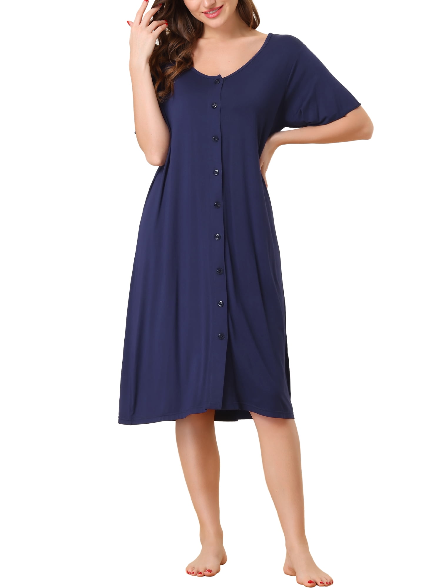 Unique Bargains Womens Modal Nightshirt Soft Button Down Short Sleeve Nightgown