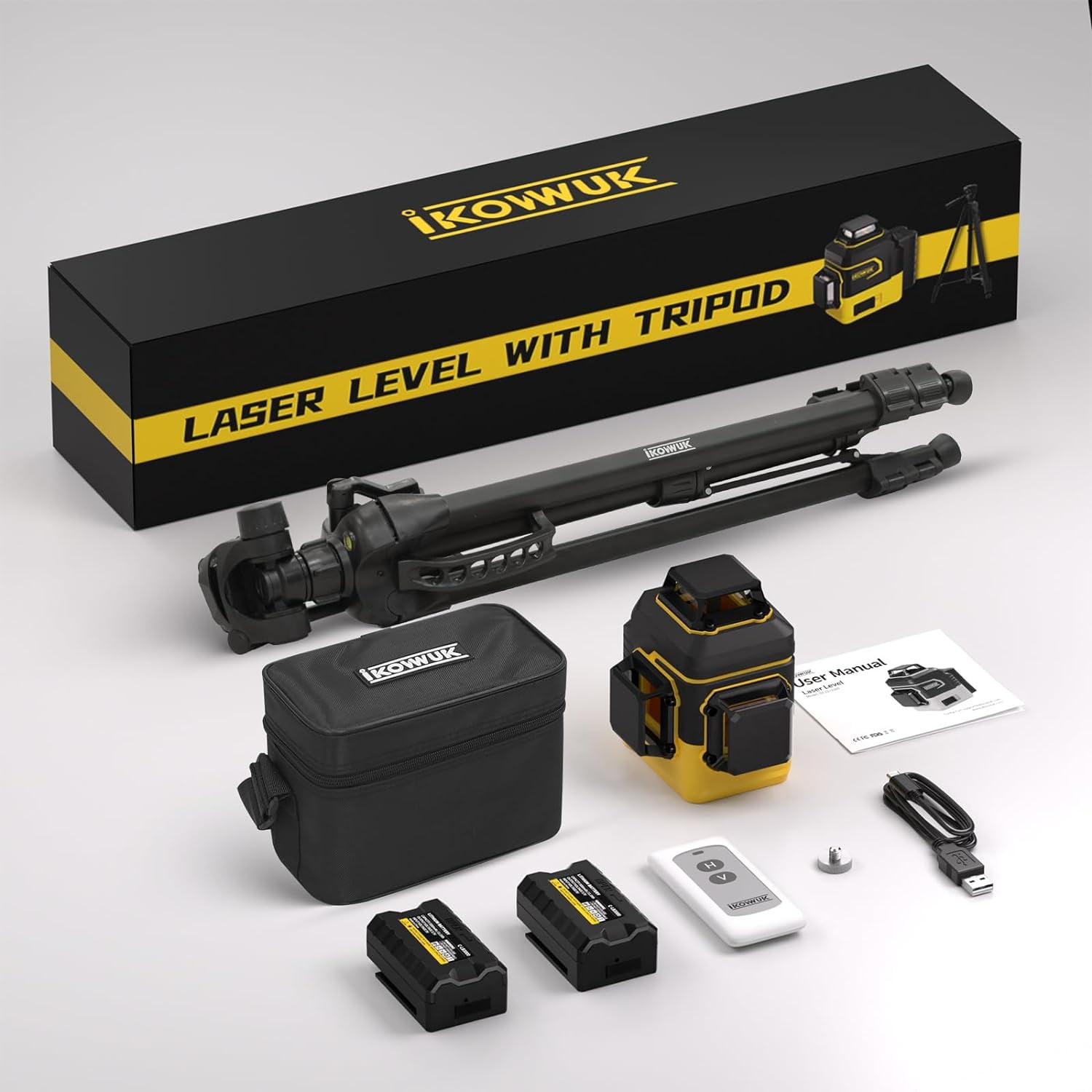 3x360° Green Laser Level, Self-Leveling 12-Line Laser Tool, Includes 2x 3000mAh Rechargeable Batteries & Type-C Charging, Carry Pouch
