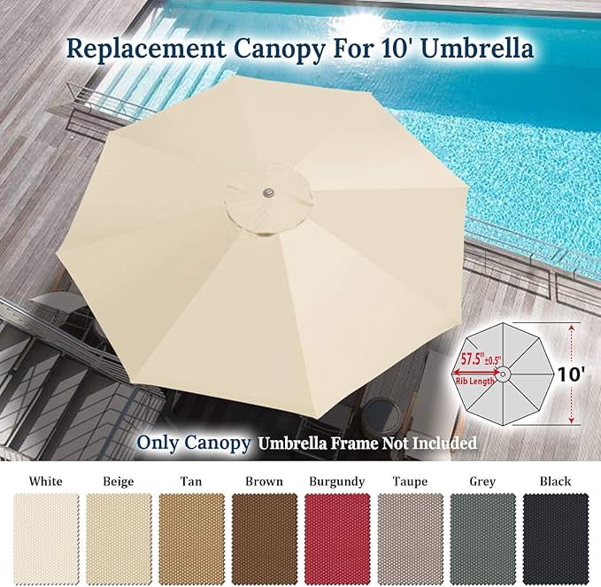 ALUVIERA 10' Umbrella Canopy Top Cover Patio Replacement Top Cover 8 Ribs Outdoor Sunshade