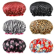 HEQUSIGNS 6PCS Waterproof Shower Cap, Double Layer Reusable Satin Hair Cap, Adjustable Elastic Band Cap for Women Girls