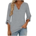 thumbnail image 4 of Mujeres 3/4 Manga de Verano Tops V Cuello Botonado Color Sólido Blusa, Camisetas Casuales de las Mujeres Suelto Ajuste Suave Respirable Primavera de Uso Diario, 4 of 8