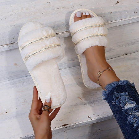 

Women s Fashion Rhinestone Flat Bottom Large Size Outer Wear Furry Slippers