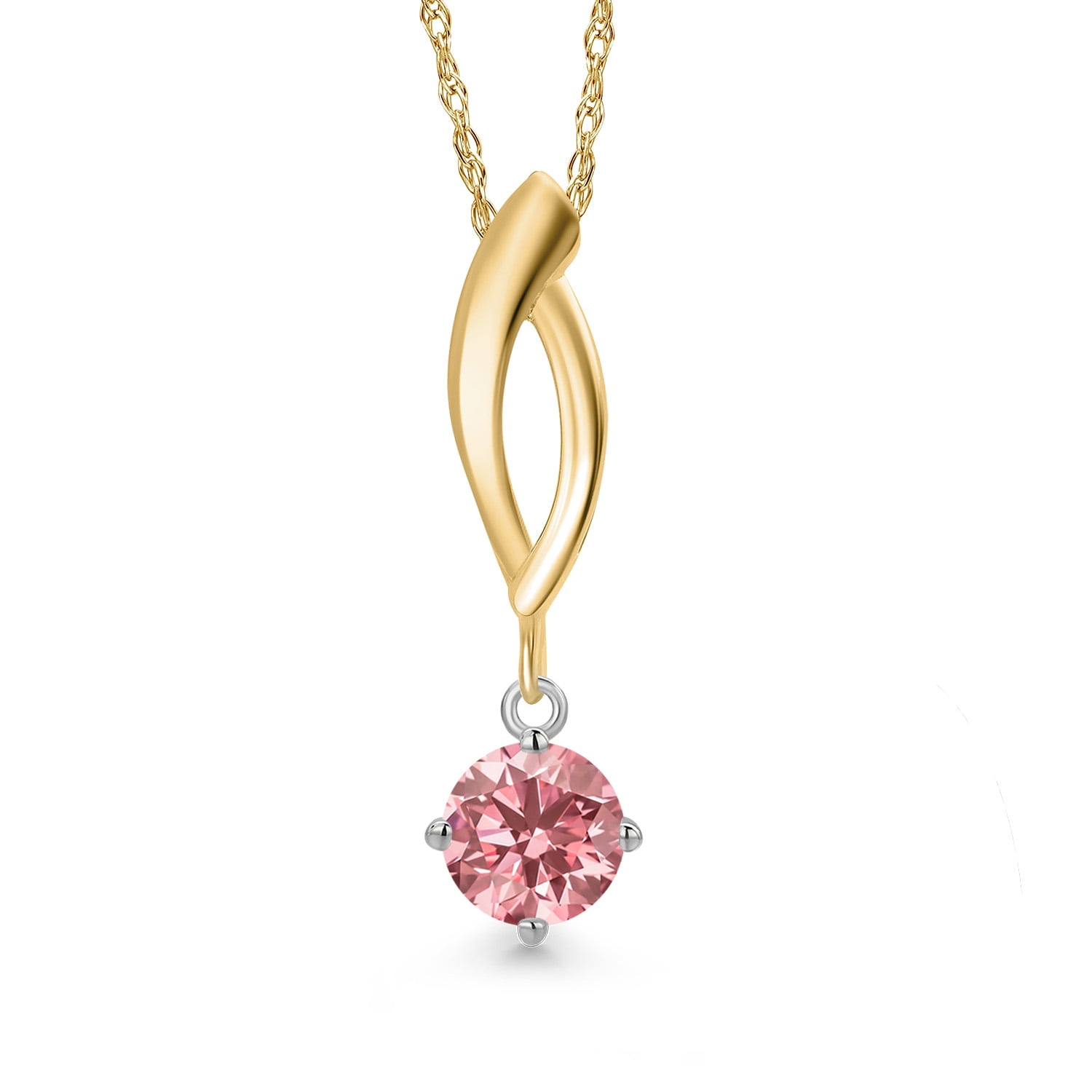 Gem Stone King 925 Silver and 10K Yellow Gold Pink Lab Grown Diamond Pendant Necklace for Women | 0.50 Cttw | Gemstone April Birthstone | Round 5MM | With 18 inch 10K Yellow Gold Chain