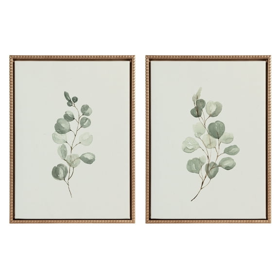 Kate and Laurel Sylvie Beaded Eucalyptus 4a and Eucalyptus 4b Vintage Framed Canvas Wall Art Set by Maja Mitrovic of Makes My Day Happy, 2 Piece Set 18x24 Gold, Simple Plant Art Set Wall Décor
