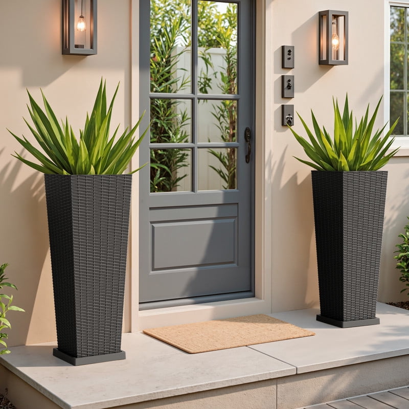 Devoko 32" Tall Planters for Outdoor Plants Set of 2, Woven-Textured Outdoor Plant Pots with Trays for Patio, Front Porch