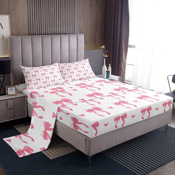 Erosebridal Pink Bowknot Sheets Cute Bow Tie Girly Bedding Set Love Heart Print Bed Sheets Princess Style Sheets Set Room 3Pcs Twin Size,1 Fitted Sheet 1 Pillow Sham 1 Flat Sheet