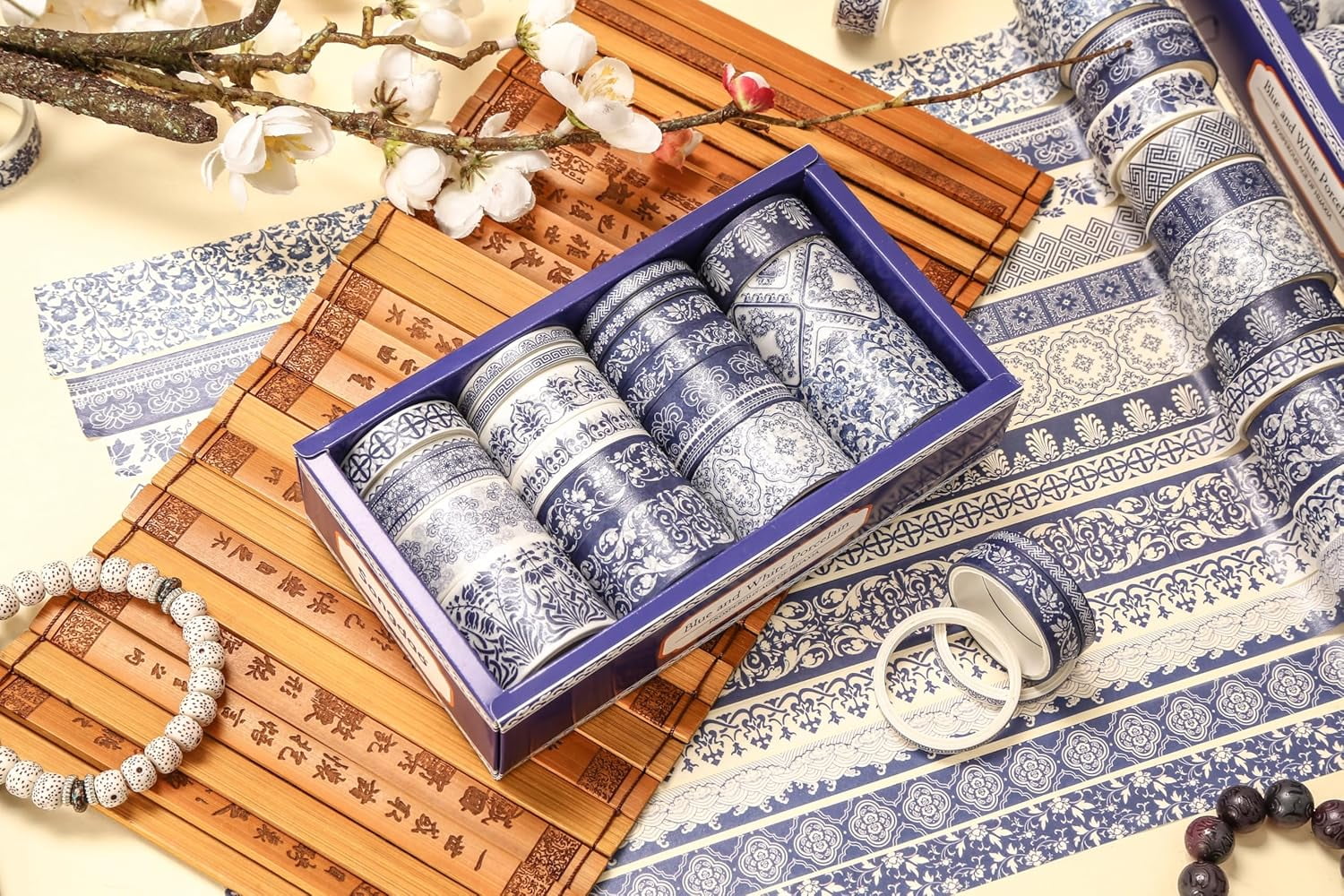 Blue & White Porcelain Washi Tape Set, Traditional Chinese Ceramic Pattern Decorative Masking Tapes for Craft, Scrapbook, DIY, Gift Wrapping