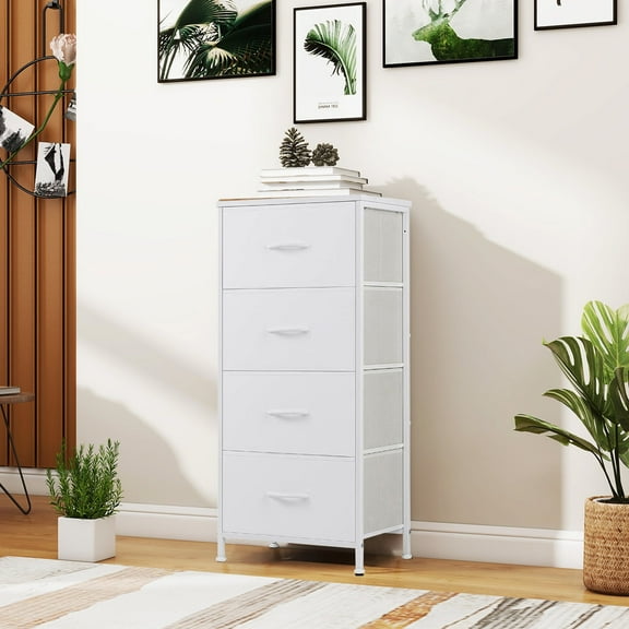Storage Drawers, Fabric Dresser, Skinny Fabric Storage Tower with 4 Drawers, Tower Organizer Unit, Wooden Board and Steel Frame, White