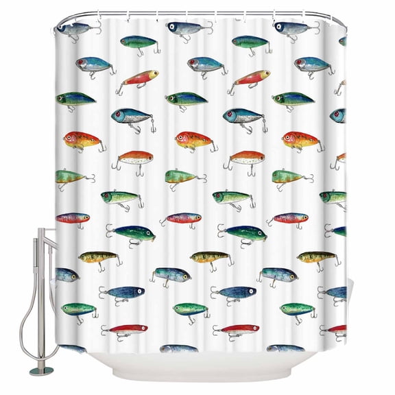 Colorful Fish Bathroom Shower Curtains with 12 Hooks Polyester Waterproof Shower Curtain for Stalls and Bathtubs Watercolor Cartoon Fishing Decorative Bathroom Privacy Curtain 36x72 Inches