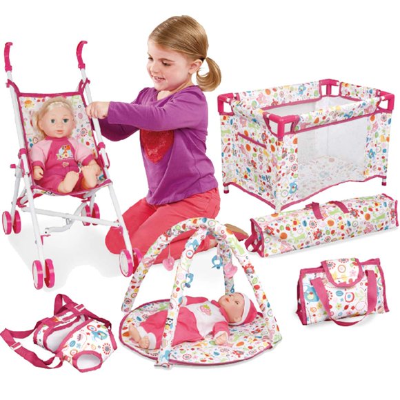 Liberty Imports 5-in-1 Deluxe Newborn Baby Doll Stroller Nursery Playset with Play Mat, Playard, Baby Carrier, and Travel Bag (Doll Included)