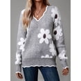 thumbnail image 6 of Sweaters for Women Spring Fall Color Block Ribbed Ruffle V Neck Loose Fit Pullover Knit Y2k Cute Sweater Tops Grey S, 6 of 8