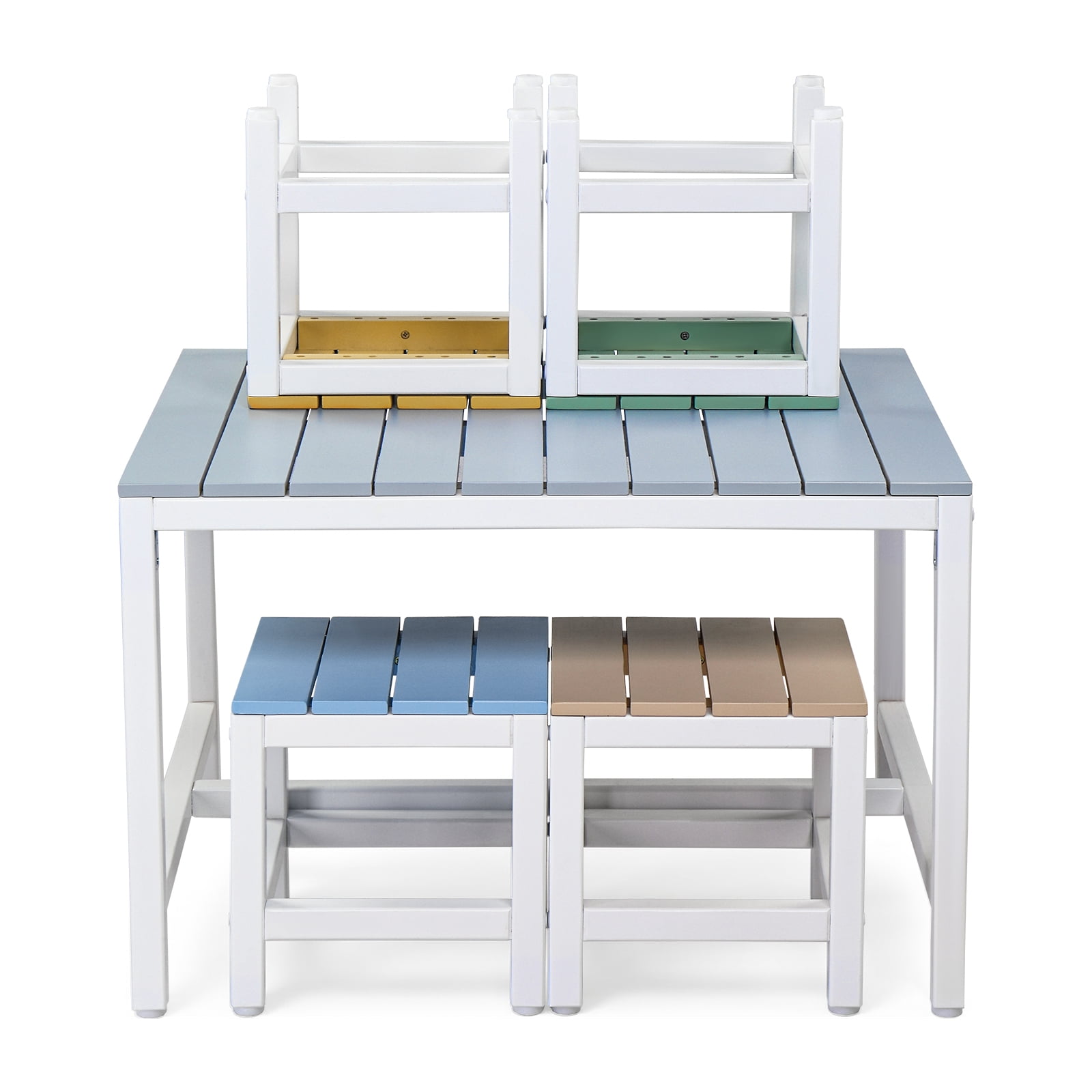 5-Piece Children's Patio Table And Chair Set (1 Table + 4 Stools), 29.5 Inches, Blue-Khaki, Light Orange, Blue-Green Color Blocking