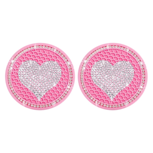 2Pack Heart Bling Car Cup Mats - PVC+Rhinestone,Non-Slip, Heat-Resistant - For Women, Car/Home/Office Decor (Black)