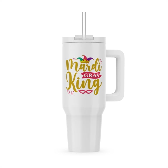 3dRose, Mardi Gras king yellow, red text, fools hat, red mask, funny gift, 40oz Tumbler