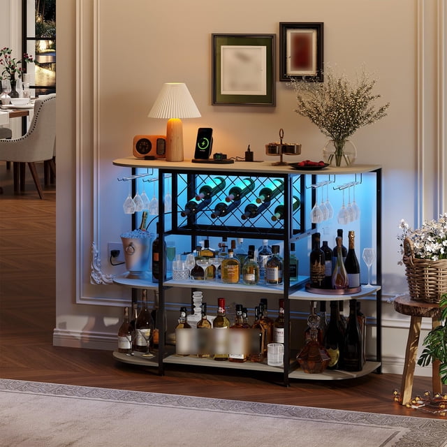 QinaQin Wine Bar Rack Cabinet with LED Lights and Power Outlet, Mini Bar Table with Glass Holder