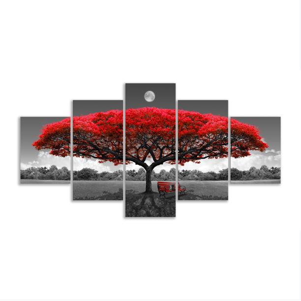 Canvas Wall Art Red Tree Wall Art with Moon Black and White Landscape Pictures for Wall Decor