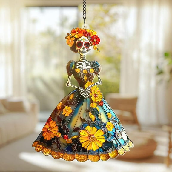 Day Of The Dead Acrylic Window Hanging Decor Floral Skeleton Faux Stained Glass Suncatcher, Halloween Home Decor, Día de Muertos Celebration