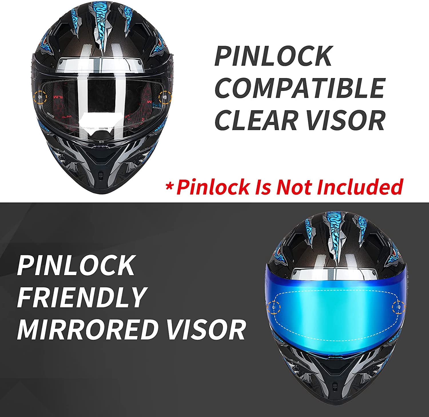 ILM Motorcycle Helmet Full Face with Pinlock Compatible Clear&Tinted Visors and Fins Street Bike Motocross Casco DOT(Manta Blue, X-Large)