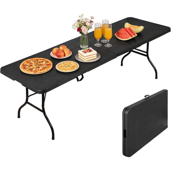 8FT Folding Event Table, Heavy-Duty Indoor/Outdoor Portable Picnic Table with Handle and Leg Locks, Black