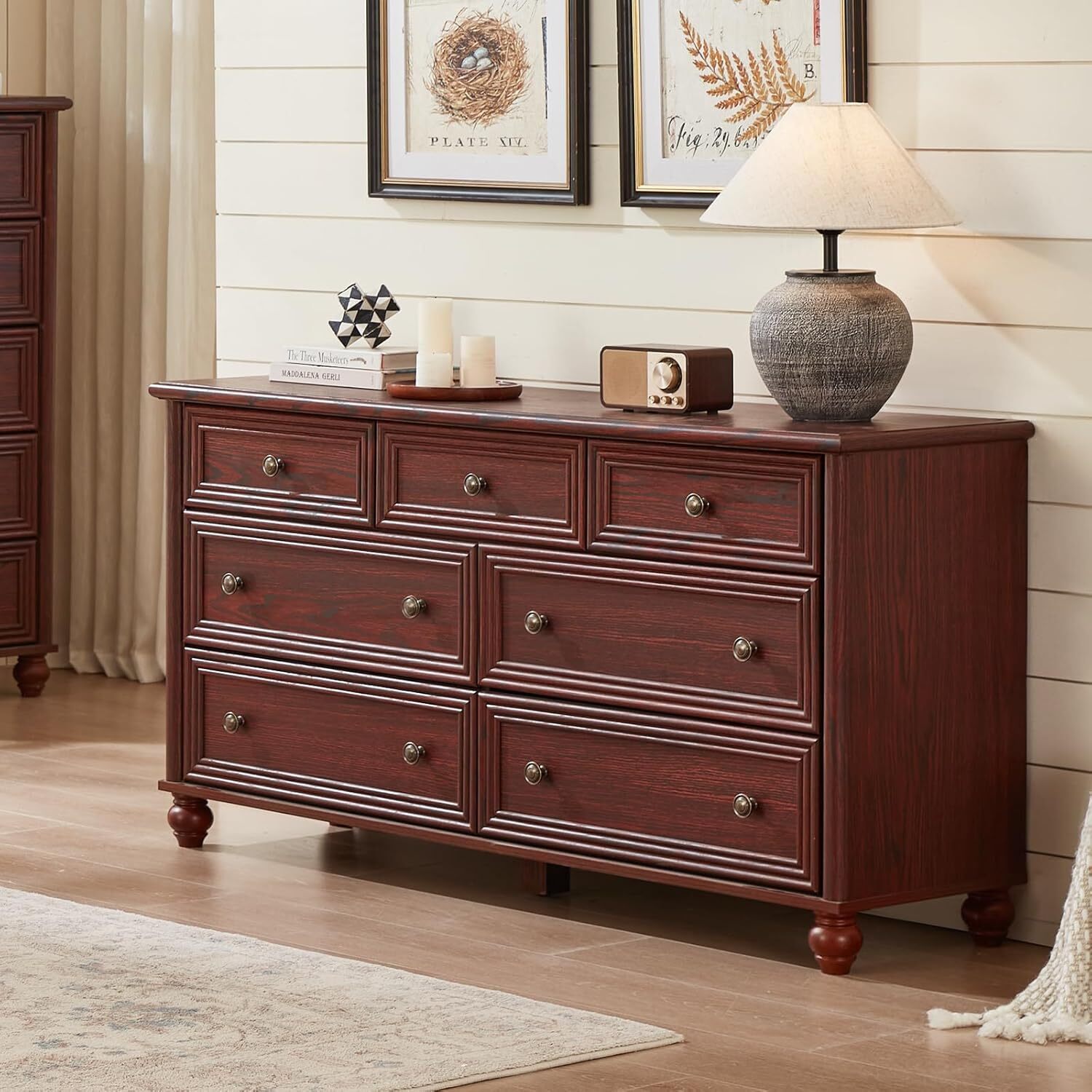 7 Drawers Dresser for Bedroom, Farmhouse 54" Wood Dressers Chest of Drawers, Vintage Design TV Stand, Rustic Storage Dresser Closet for Living Room, Red Oak