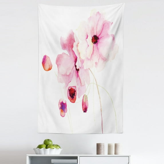 Watercolor Tapestry, Refined Pale Pink Flowers Hand Drawn with Brush Marks Petals Nature Art, Fabric Wall Hanging Decor for Bedroom Living Room Dorm, 5 Sizes, Magenta Pale Pink, by Ambesonne