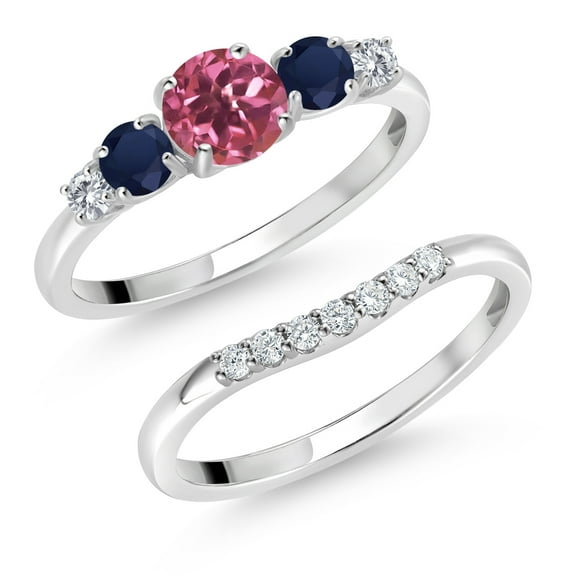 Gem Stone King 10K White Gold Pink Tourmaline Blue Sapphire and White Lab Grown Diamond 5 Stone Bridal Engagement Wedding Ring Set for Women (0.93 Cttw, Round: 5MM and 3MM, Size 7)