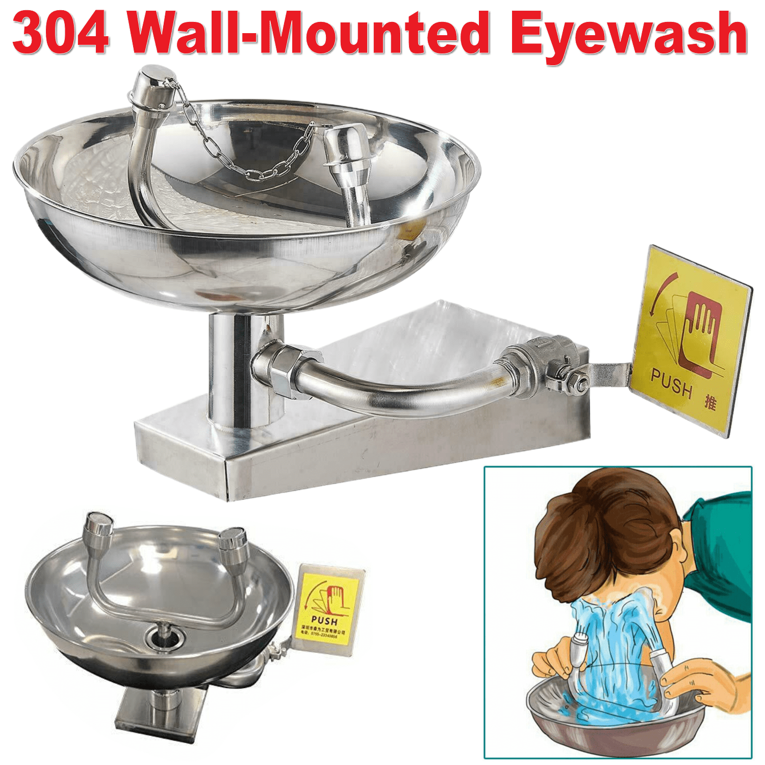SHANNA Emergency Eye Wash Station 304 Stainless Steel First Aid Eyewash Wall-Mounted Face Washer Station