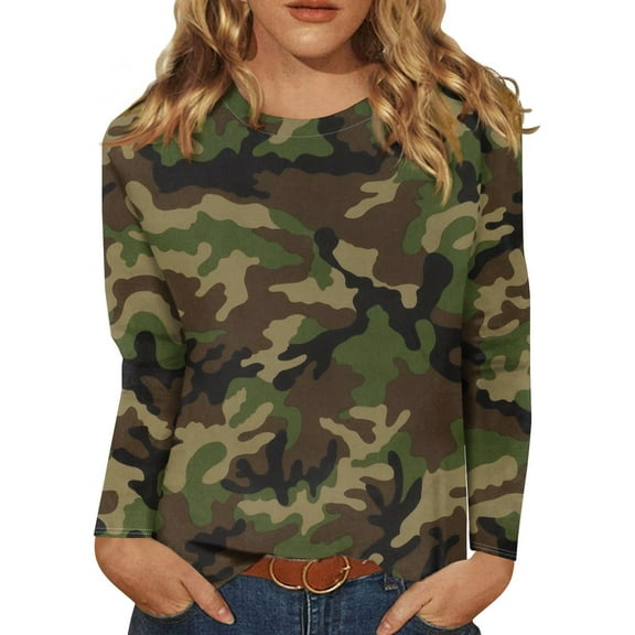 Womens Long Length Sleeve Shirts Camo Printed Shirts Crew Neck T Shirts Casual Dressy Blouses Tee 2026 Light Brown 3XL