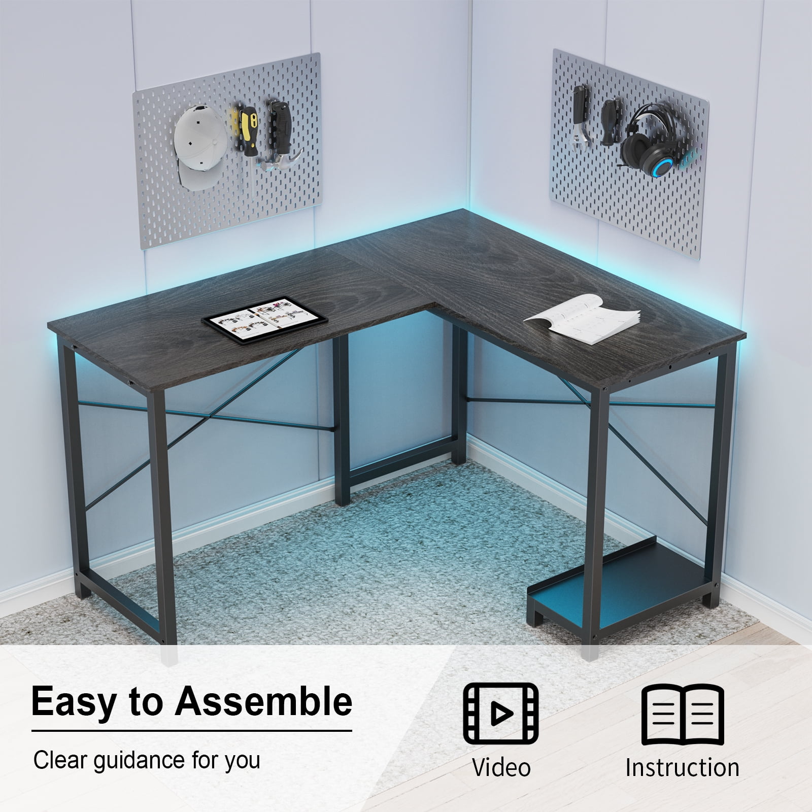 MAYEERTY L Shaped Computer Desk Study Writing Desk with CPU Stand Side Bag, Rustic