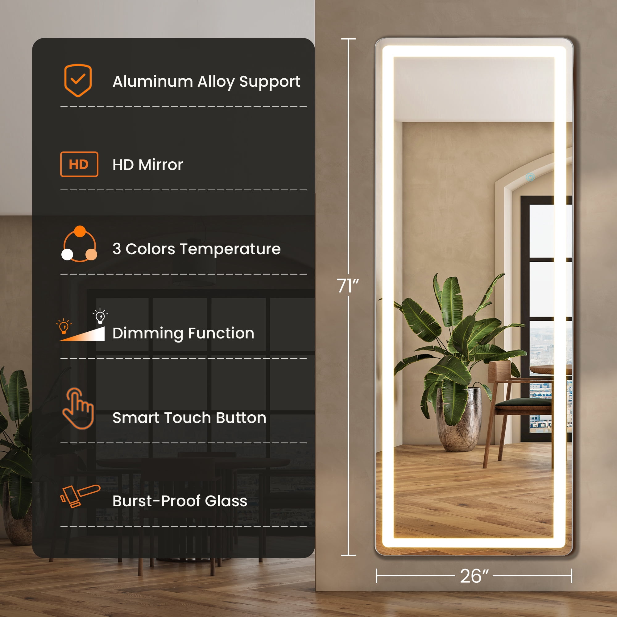MAYEERTY 71" × 26" LED Full Length Mirror, 3 Color Lighting Floor Standing Mirror with Bracket