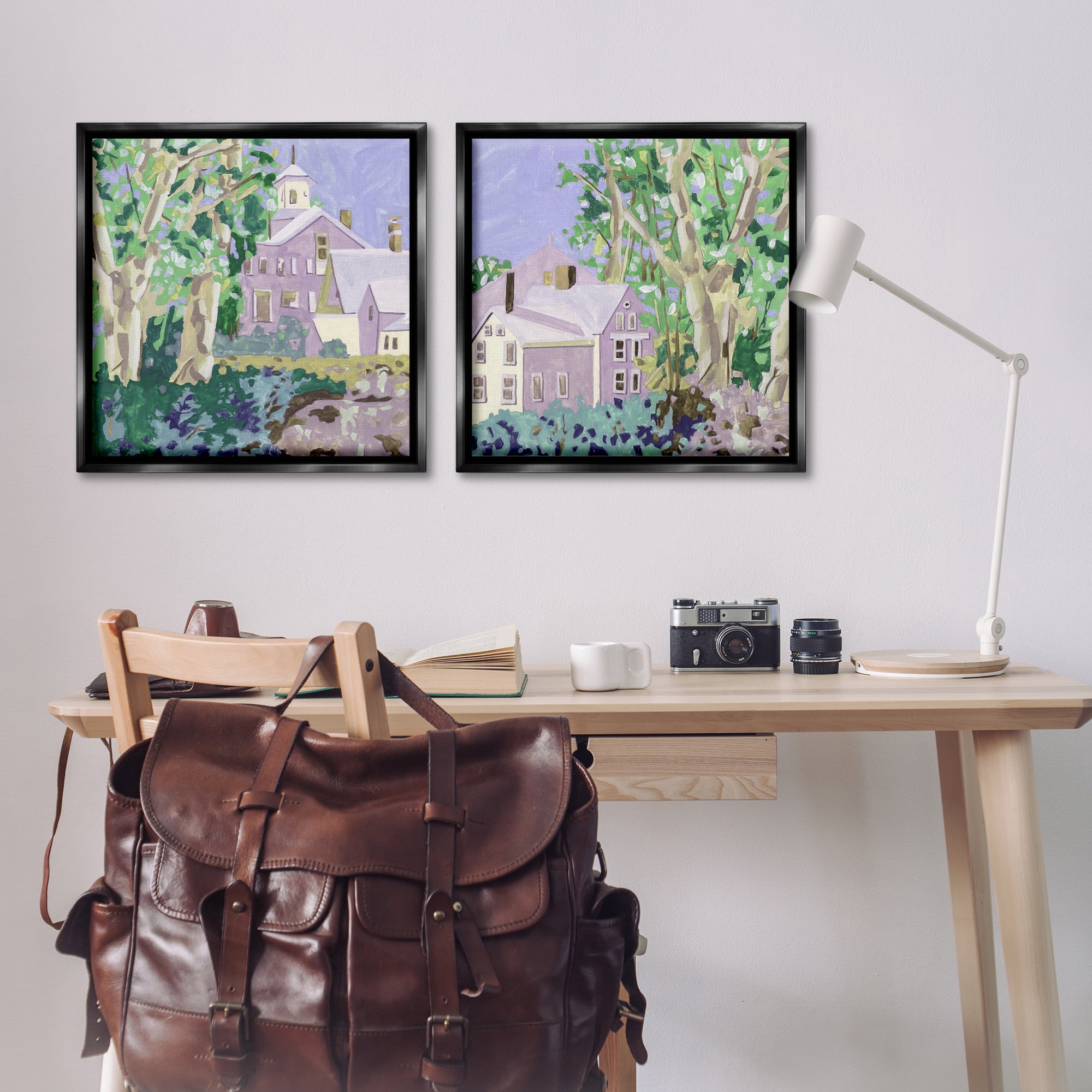 Stupell Industries Quaint Scenic Houses Scenic & Cityscapes Painting Black Floater Framed Canvas Art Print Wall Art, 25 x 25, Set of 2
