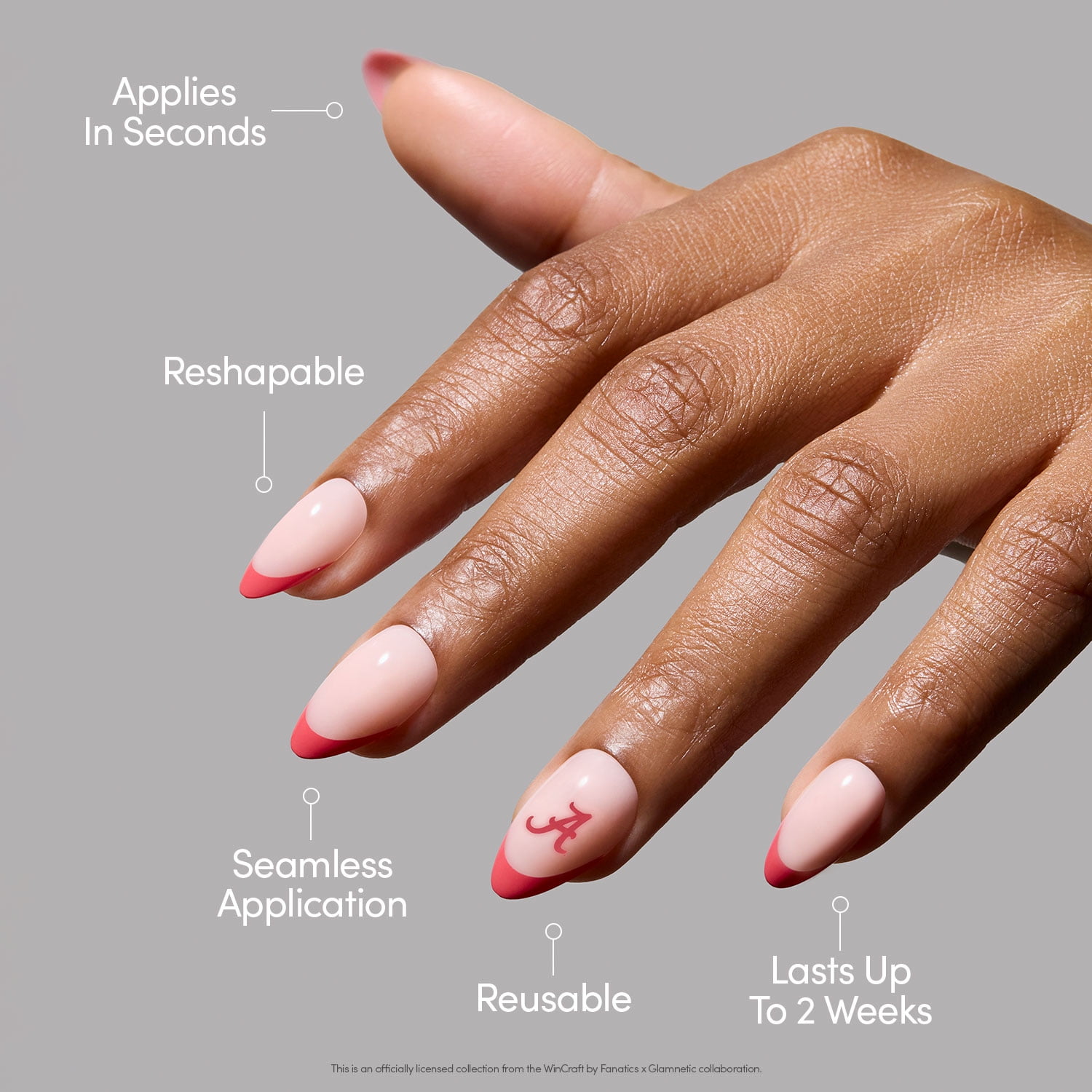Glamnetic x Fanatics Press On Nails - Alabama Crimson Tide | Short Almond Fake Nails, NCAA Crimson Tide Red French Tips, College Nails, Salon-Quality | 15 Sizes - 30 Nail Kit with Glue