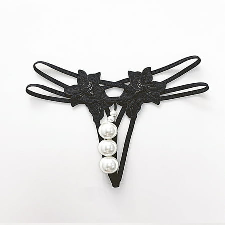 Women s Panties Black Lace Thongs with Pearls Ball G String Thongs for Women M