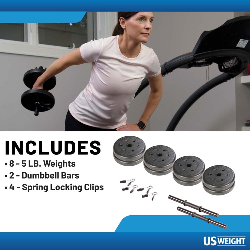 US Weight Adjustable 42LB Dumbbell Set with Spring Clips, 14" Knurled Bars – A, Essential Home Gym Equipment for Strength Training