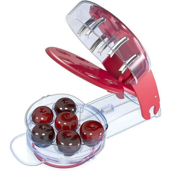 Cherry Pitter Tool, Stainless Steel Cherry Remover,6 Cherry/Olive Stoner, Seed Pitter with Pit and Juice Container,Grips Red
